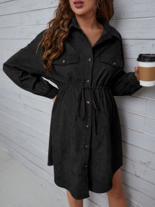 Maternity Flap Detail Drawstring Waist Drop Shoulder Corduroy Shirt Dress