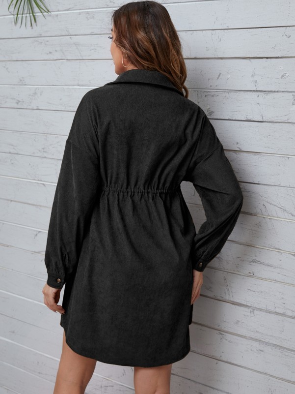 Maternity Flap Detail Drawstring Waist Drop Shoulder Corduroy Shirt Dress