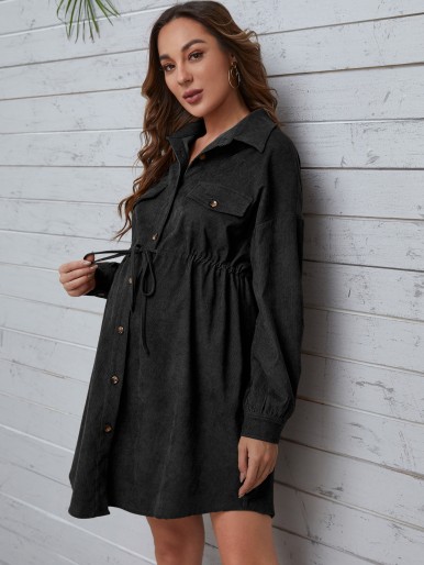 Maternity Flap Detail Drawstring Waist Drop Shoulder Corduroy Shirt Dress