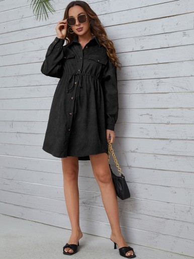 Maternity Flap Detail Drawstring Waist Drop Shoulder Corduroy Shirt Dress