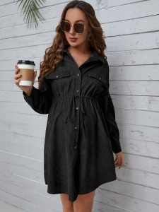 Maternity Flap Detail Drawstring Waist Drop Shoulder Corduroy Shirt Dress