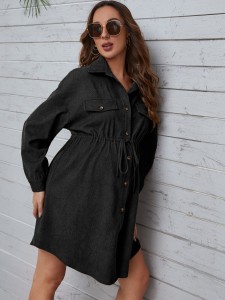 Maternity Flap Detail Drawstring Waist Drop Shoulder Corduroy Shirt Dress