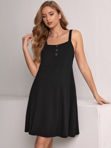 Maternity Solid Half Button Cami Lounge Dress