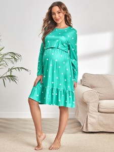 Maternity Polka Dot Ruffle Hem Nursing Lounge Dress