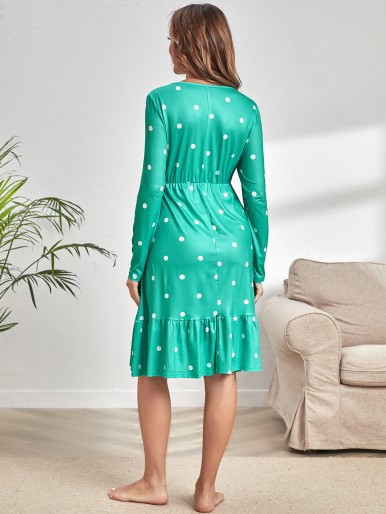 Maternity Polka Dot Ruffle Hem Nursing Lounge Dress