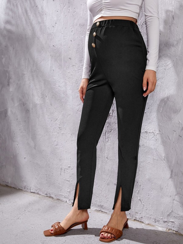 Maternity Fake Button Slit Hem Pants