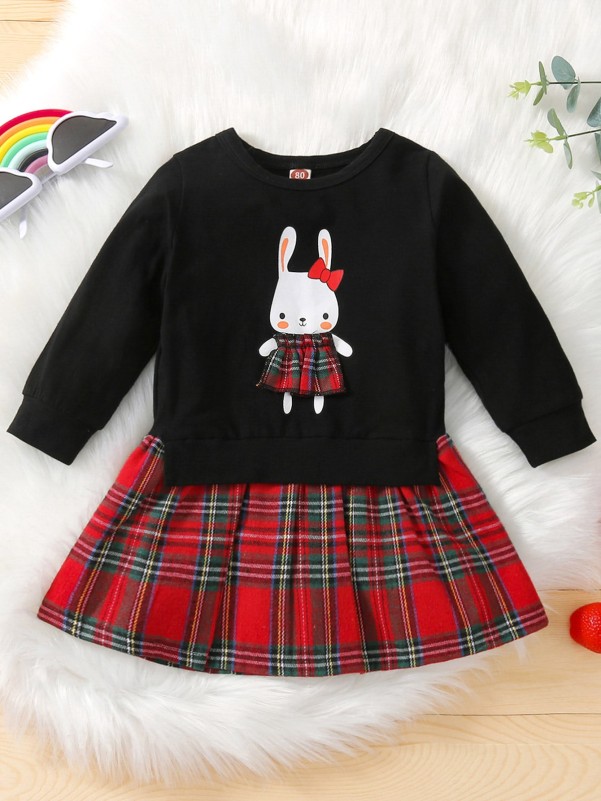 Baby Rabbit Print Tartan Panel 2 In 1 Sweatshirt Dress