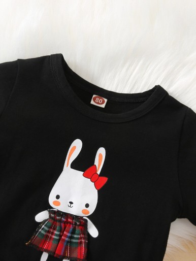 Baby Rabbit Print Tartan Panel 2 In 1 Sweatshirt Dress