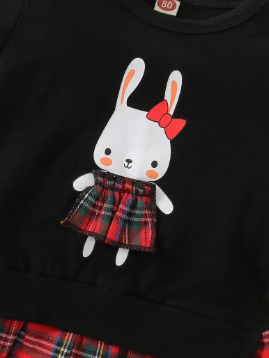 Baby Rabbit Print Tartan Panel 2 In 1 Sweatshirt Dress