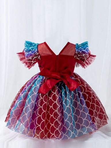 Baby Fish Scales Print Sequin Detail Ruffle Trim Bow Back Gown Dress