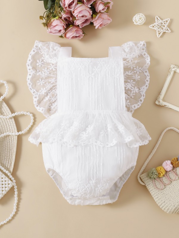 Baby Girl Embroidery Mesh Ruffle Bodysuit