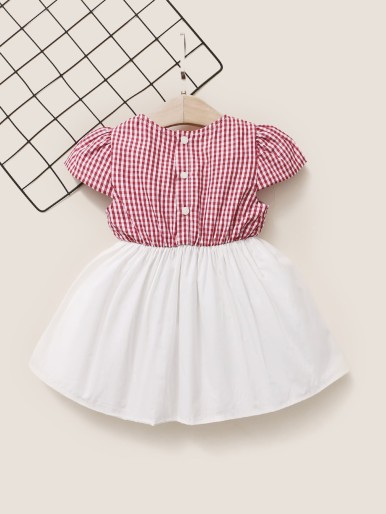 Baby Girl Gingham Print Bow Front Button Back A-line Dress