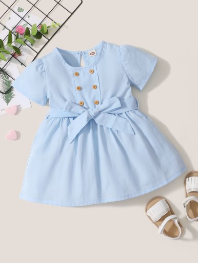 Baby Girl Double Button Belted Babydoll Dress