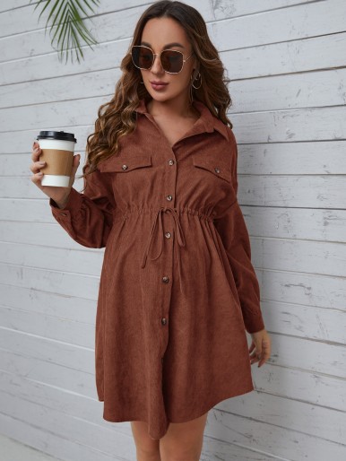 Maternity Flap Detail Drawstring Waist Drop Shoulder Corduroy Shirt Dress