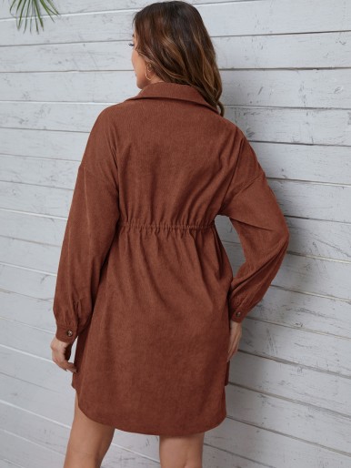 Maternity Flap Detail Drawstring Waist Drop Shoulder Corduroy Shirt Dress