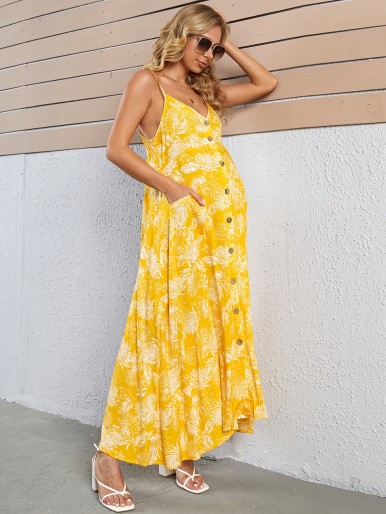 Maternity Tropical Print Button Front Cami  Dress