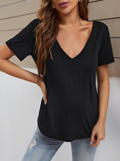 Maternity V Neck Contrast Lace Panel Tee