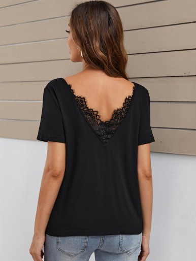 Maternity V Neck Contrast Lace Panel Tee