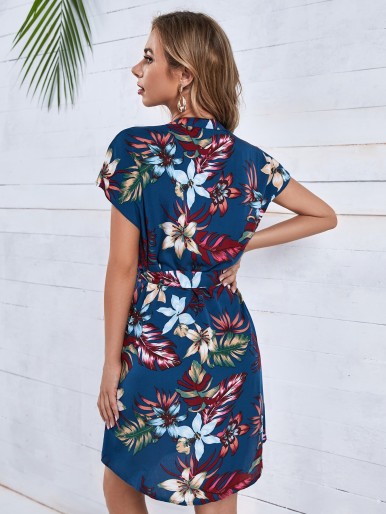 Maternity Floral Print Notch Neck Belted Dress