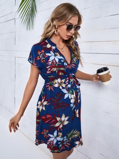 Maternity Floral Print Notch Neck Belted Dress