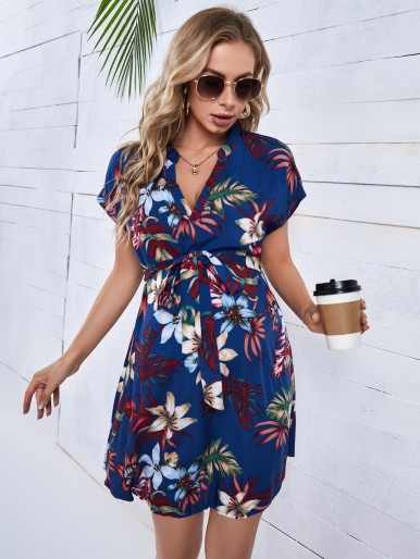 Maternity Floral Print Notch Neck Belted Dress