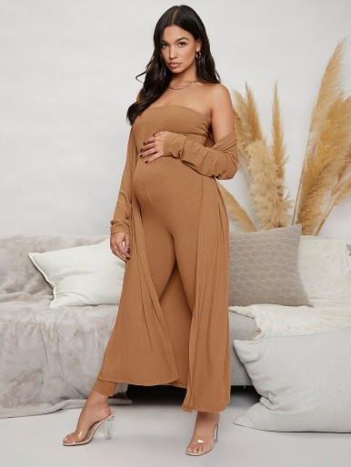 Maternity Solid Unitard Jumpsuit With Coat