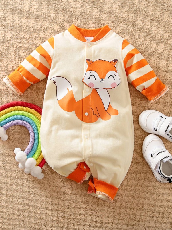 Baby Cartoon & Stripe Print Jumpsuit