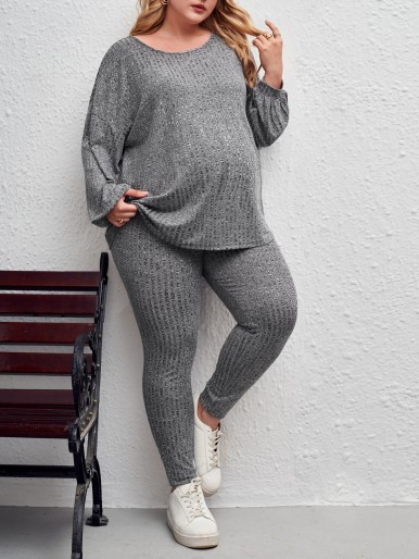 Maternity Drop Shoulder Rib-knit Tee and Leggings Set