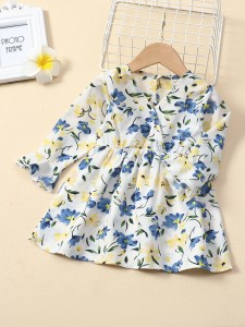 Baby Floral Print Surplice Neck Flounce Sleeve Dress