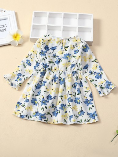 Baby Floral Print Surplice Neck Flounce Sleeve Dress