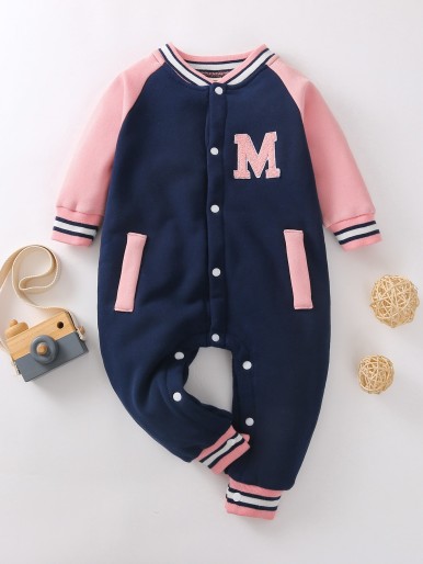 Baby Girl Colorblock Raglan Sleeve Baseball Neck Jumpsuit