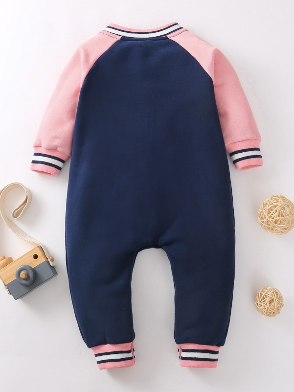 Baby Girl Colorblock Raglan Sleeve Baseball Neck Jumpsuit