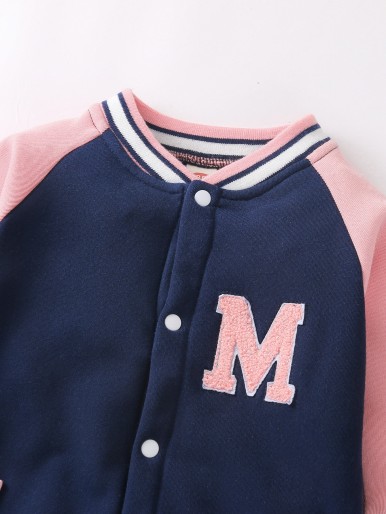 Baby Girl Colorblock Raglan Sleeve Baseball Neck Jumpsuit