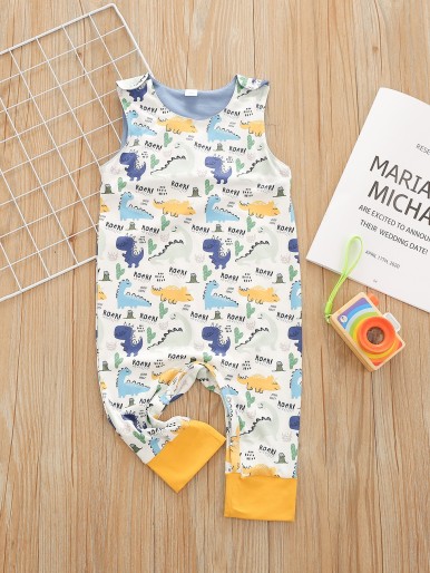 Baby Boy Letter & Cartoon Dinosaur Tank Jumpsuit