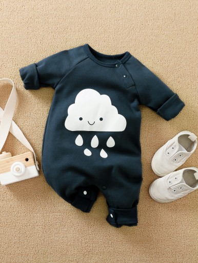Baby Boy Button Detail Cartoon Cloud Graphic Jumpsuit