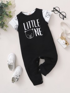 Baby Girl Cartoon Graphic Tee With Letter Graphic Jumpsuit