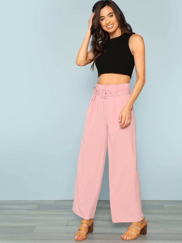 Frills belted high hotsell waisted wide leg pants