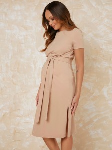 Maternity Slit Hem Belted Dress