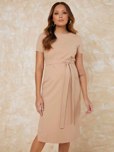 Maternity Slit Hem Belted Dress