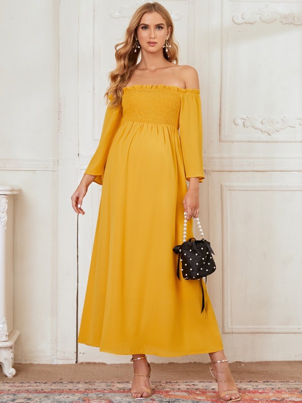 Maternity Frilled Shirred Bodice Solid Dress