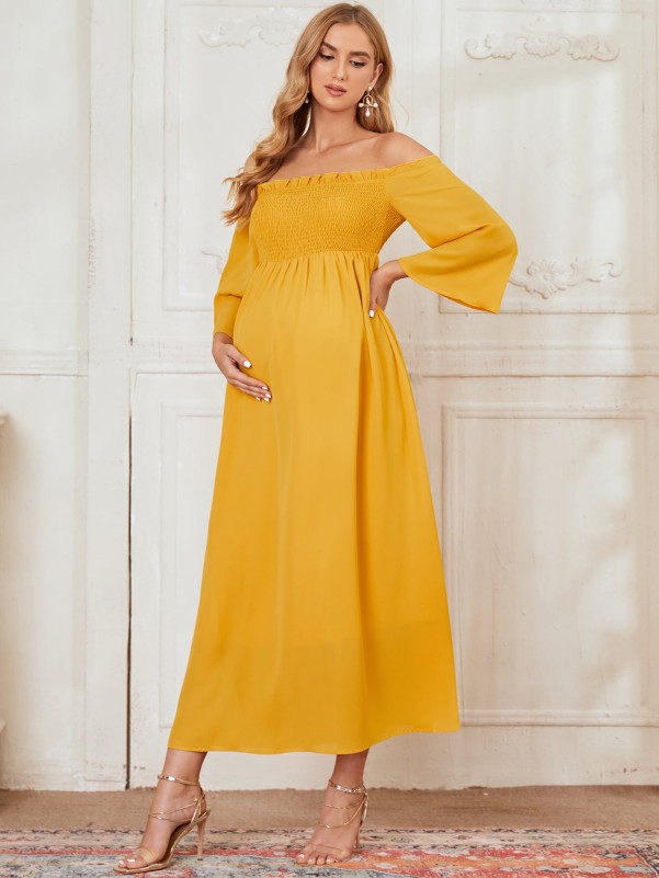 Maternity Frilled Shirred Bodice Solid Dress