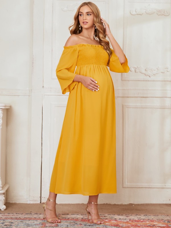 Maternity Frilled Shirred Bodice Solid Dress