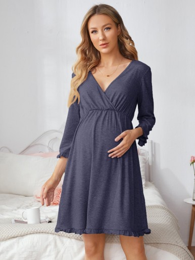 Maternity Flounce Sleeve Ruffle Hem Lounge Dress