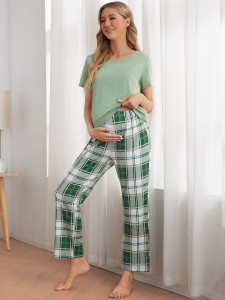 Maternity Round Neck Tee and Plaid Print Pants PJ Set