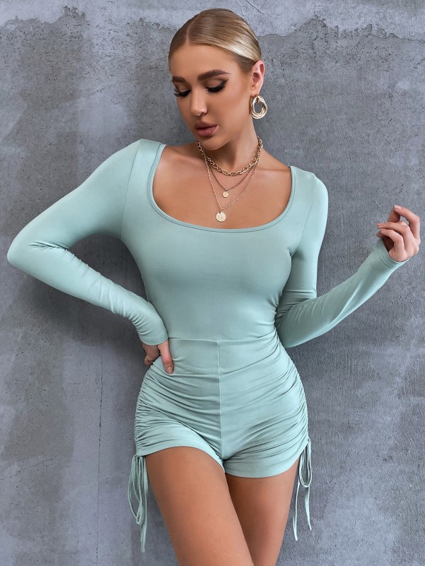 Solid Scoop Neck Unitard Romper