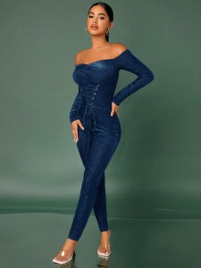 Off The Shoulder Lace Up Front Ruched Velvet Unitard Jumpsuit