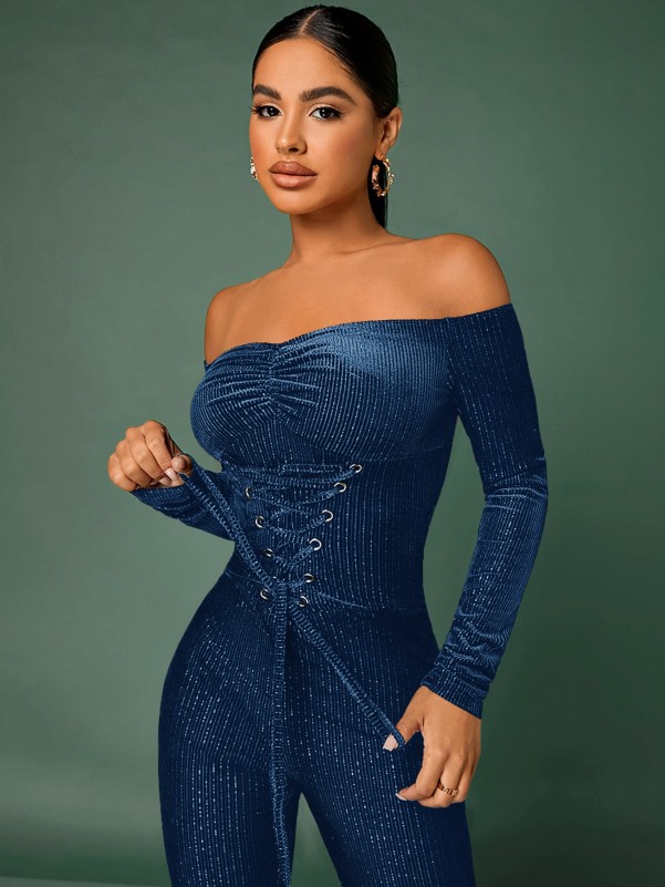 Off The Shoulder Lace Up Front Ruched Velvet Unitard Jumpsuit