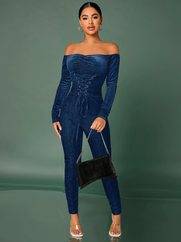 Off The Shoulder Lace Up Front Ruched Velvet Unitard Jumpsuit