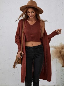 Crop Ribbed Knit Tank Top & Drop Shoulder Open Front Cardigan