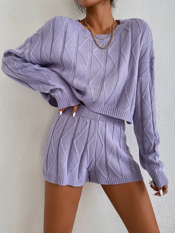 Drop Shoulder Textured Crop Sweater & Knit Shorts Set